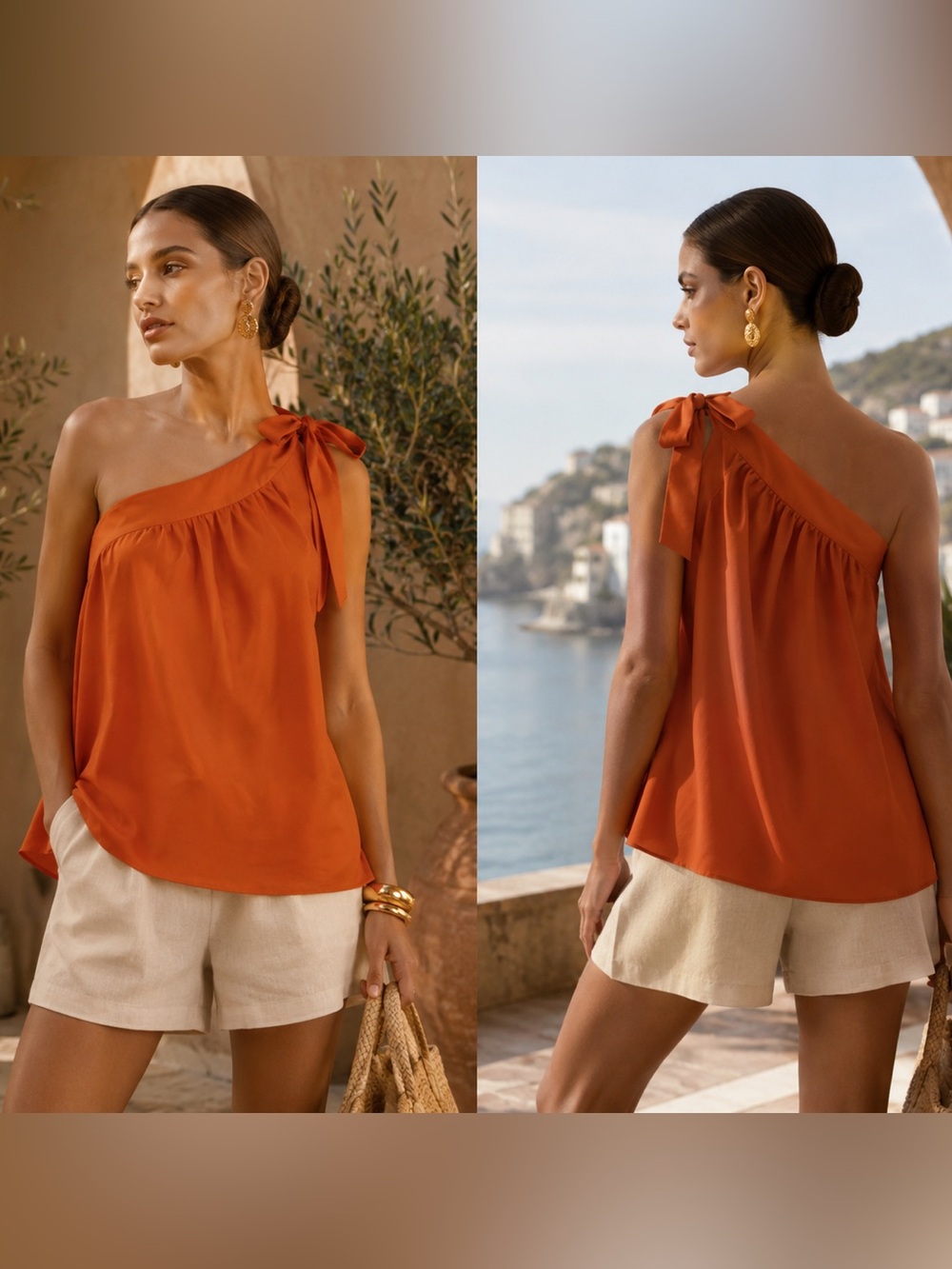 Orange One Shoulder Resort Mediterranean Vacation Stylish Tie Front Top Medium